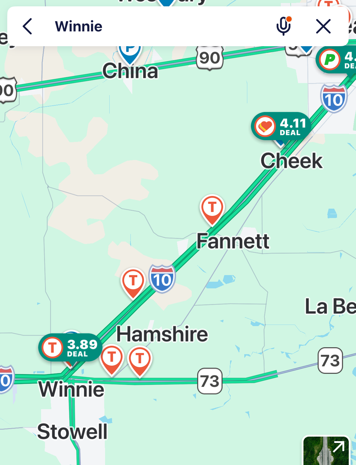 Truck-stop network on I-10 from Winnie through Hamshire, Fannett and Cheek to Beaumont; a 3.89-deal stop at the wye and Love's 4.11 at Cheek