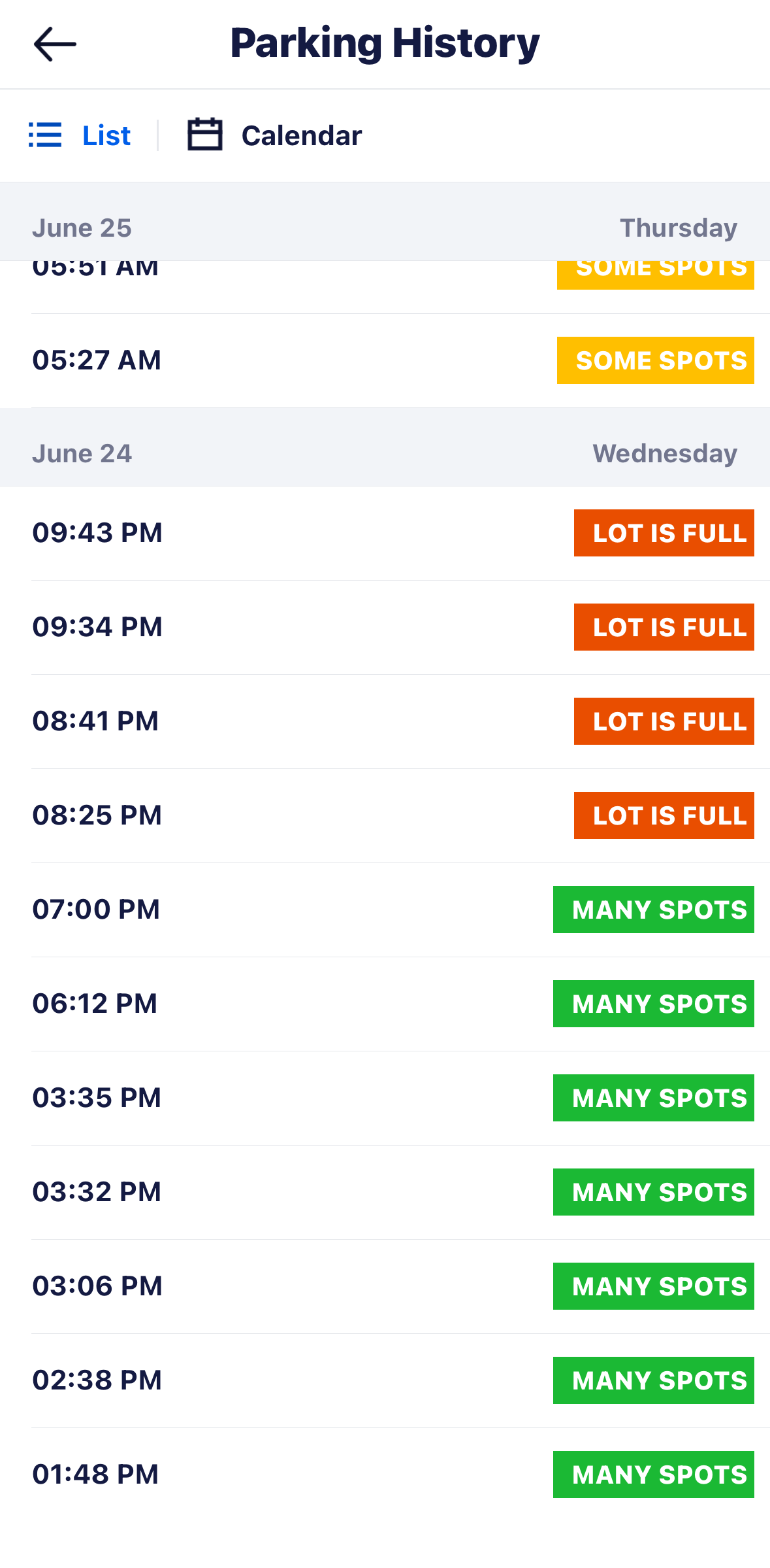 Love's #696 parking history: Lot is full 8:25, 8:41, 9:34, 9:43 PM Wed; Many spots midday; Some spots early AM