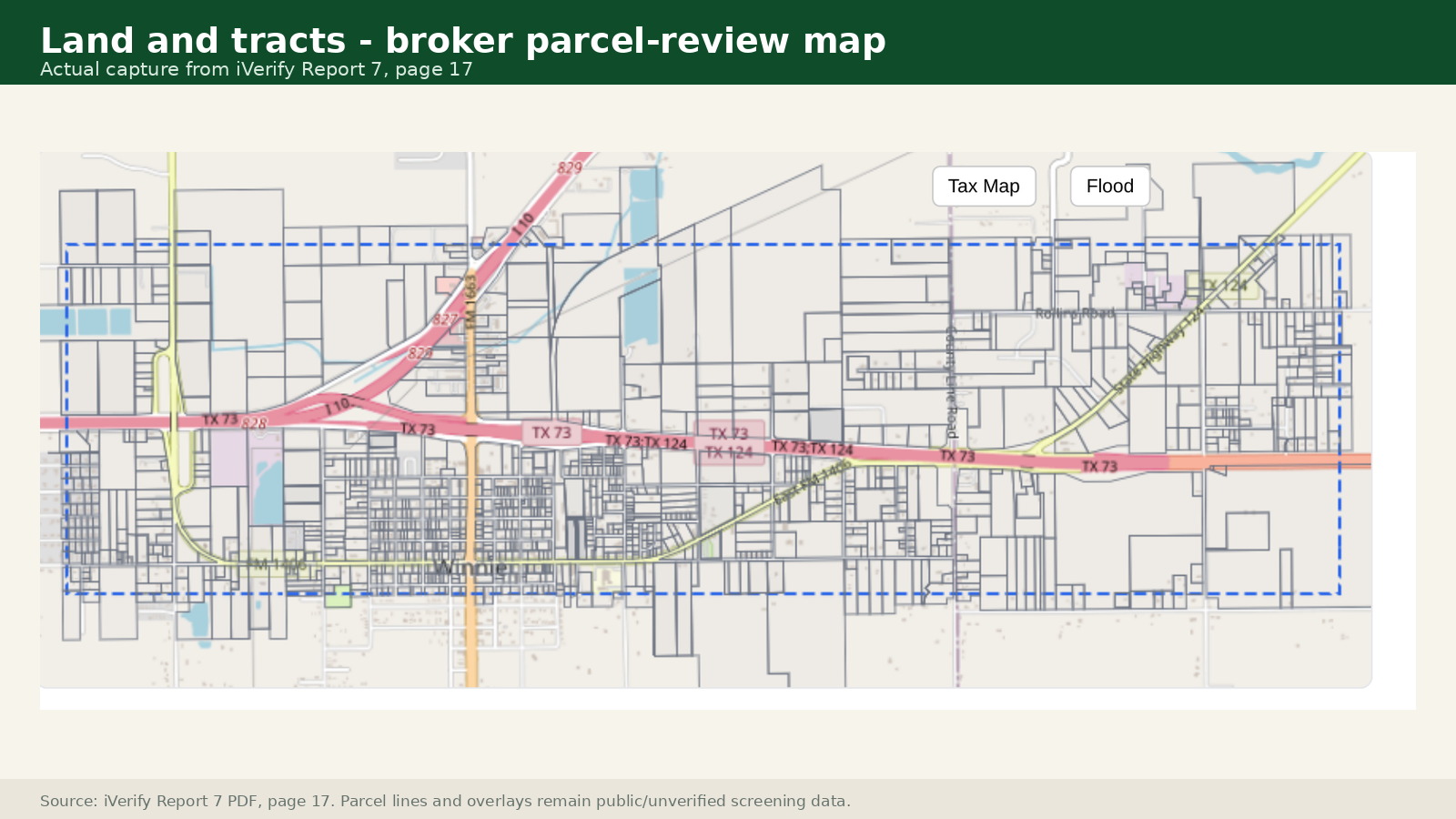 iVerify broker parcel-review map of candidate frontage tracts