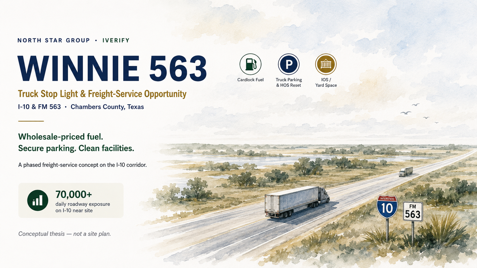 Winnie 563: Truck Stop Light & Freight-Service Opportunity, I-10 & FM 563, Chambers County, Texas -- wholesale-priced fuel, secure parking, clean facilities; a phased freight-service concept on the I-10 corridor with 70,000+ daily roadway exposure near the site.