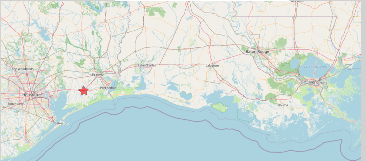 Regional map: Winnie sits on I-10 between Houston and Beaumont / Port Arthur on the upper Texas Gulf Coast, with SH-73 running southeast to Port Arthur